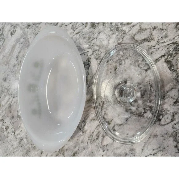 Vintage Glasbake J235 1QT Casserole Dish Green Daisy Milk Glass Oval With Lid - Picture 4 of 5